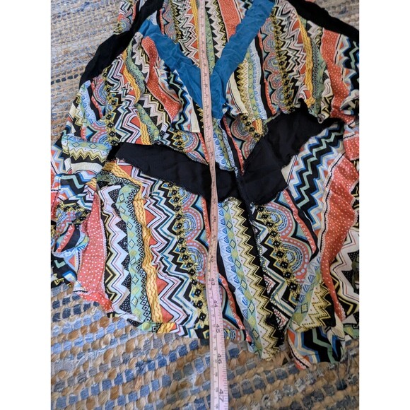 Addie Handkerchief Dress High Low Criss Cross Harness Neck Med Blue Black Multic - Picture 3 of 5